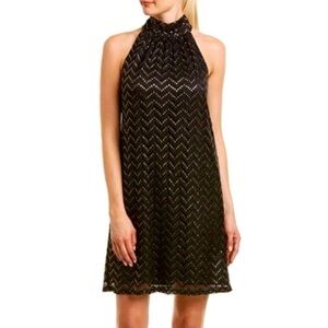 Trina Turk Morrison Dress Black Gold Metallic Tie Neck Shift Dress Large